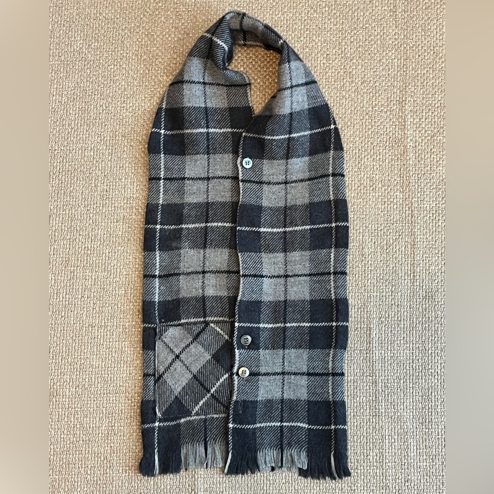 Vintage Matt Andrews Zefyr Wool Scarf Vest Gray Plaid Fringe Pocket Academia